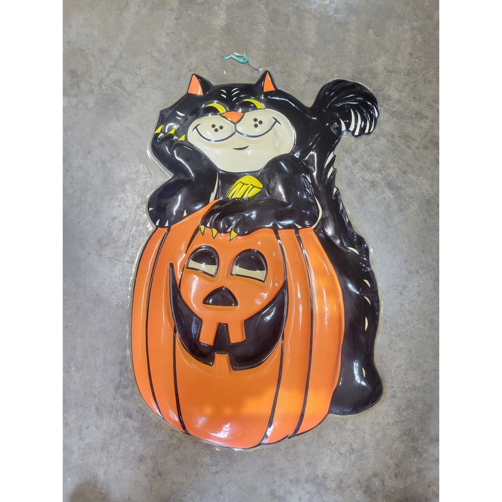 Vintage 1996 Spooky Hollow Halloween Black Cat Pumpkin Plastic Wall Decor 24"